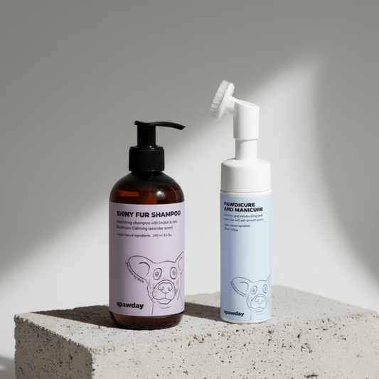 Two pet care products, a shampoo bottle and a spray bottle, on a concrete block with a neutral background.