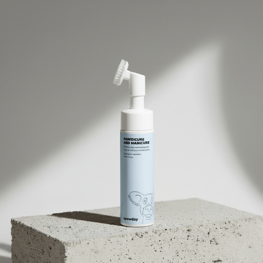 White bottle with pump on a concrete block against a gray background