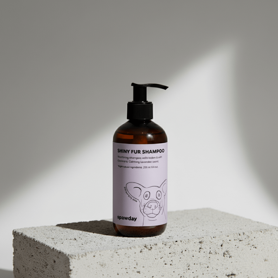 Bottle of Shiny Fur Shampoo on a concrete block with a gray background