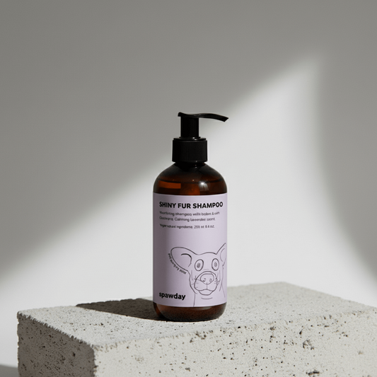 Bottle of Shiny Fur Shampoo on a concrete block with a gray background