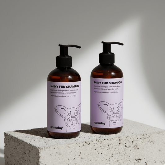 Two bottles of Shiny Fur Shampoo on a concrete block with a gray background